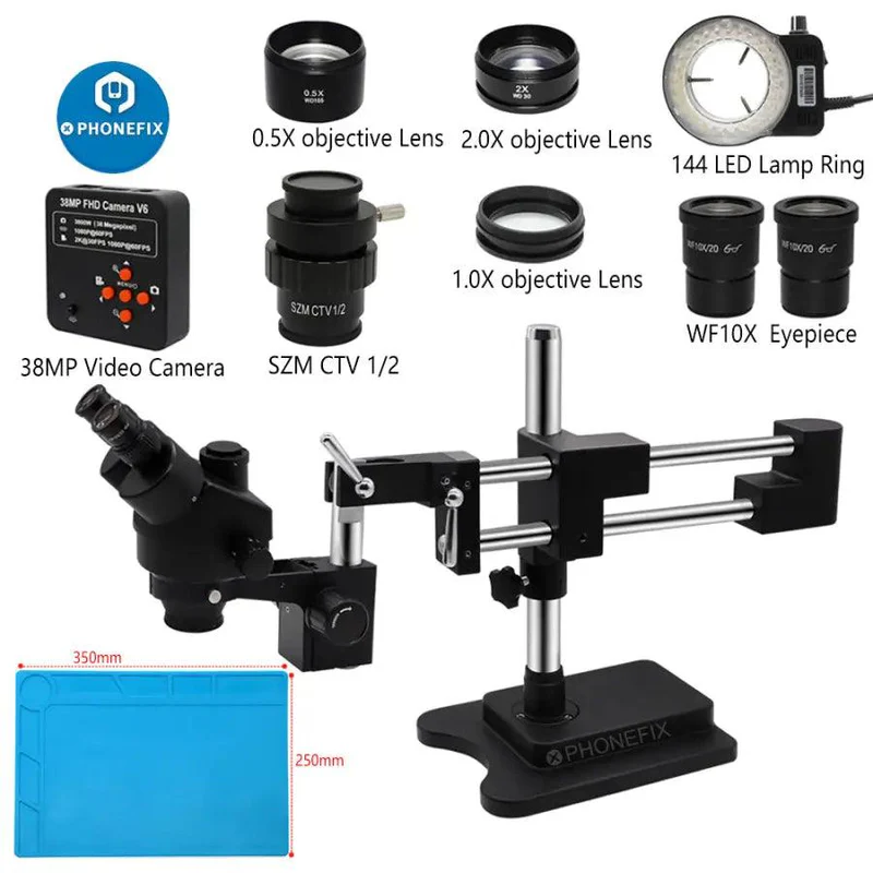 Stereo Trinocular Microscope Pcb - 3.5X-90X أسود مزدوج الذراع مجهر ستيريو